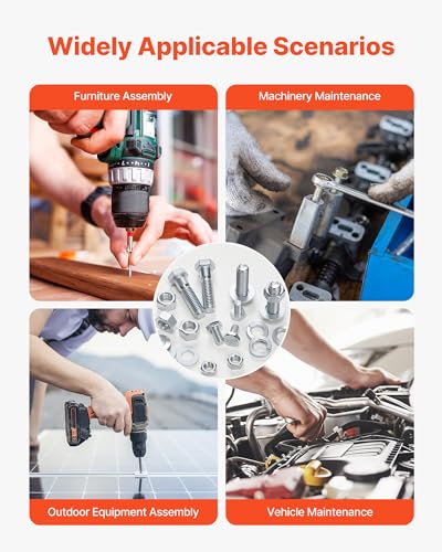 VEVOR 566 Pcs Bolts and Nuts Assortment Kit, Imperial Machine Screws and Flat Washers, Alloy Steel 1/4-20,5/16-18,3/8-16, for Furniture/Equipment/Vehicle Assembly, Galvanized White - size: 566 PCS - Imperial (1/4-20, 5/16-18, 3/8-16)