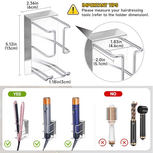 Hair Dryer and Straightener Holder Wall Mounted, Curling Iron Holder Adhesive, Blow Dryer Holder Wall, Bathroom Hair Tool Organizer for Flat Irons,Curling Wands,Styling Tools (Silver, 1Pc)
