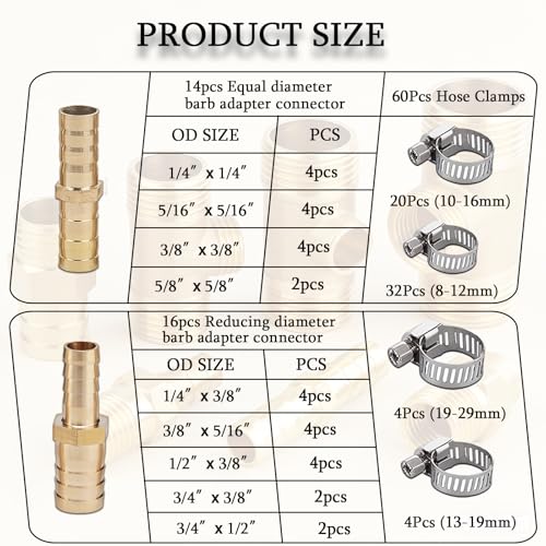 30PCS Brass Hose Barb Fittings, Barb Fitting Metals Splicer Mender, Barbs Splicer Mender Hose Fittings with 60Pcs Stainless Steel Pipe Hose Clamps for Air/Fuel/Water/Oil Hose