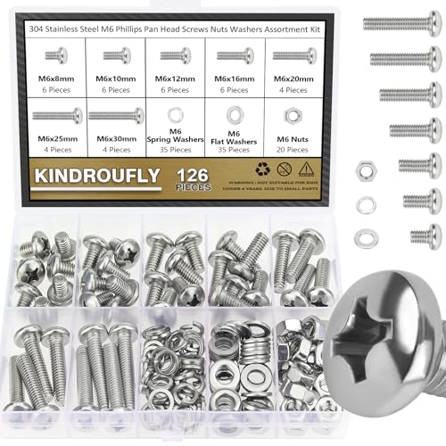 126 Pieces M6 x 8/10 /12/16 /20/25 /30mm Phillips Pan Head Machine Screws Nuts Washers Assortment Kit, 304 Stainless Steel, Fully Machine Thread - size: M6