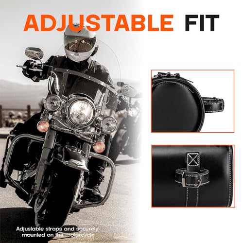 Rogierra 7.9L Motorcycle Metal Skull Tool SaddleBags Front Fork Handlebar Bag PU Leather Sissybar Storage Pouch Compatible with Harley Bikes - style: Metal Skull Emblem With Rivet Detail