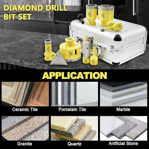 Diamond Core Drill Bits Set for Tile, DARTOTEK 10PCS Porcelain Hole Saw Kit with Aluminum Case, (6/6/8/20/35/50/65mm+2" Chamfer bit +SDS Adapter, Dry/Wet Drilling for Ceramic, Granite & Marble - size: set1