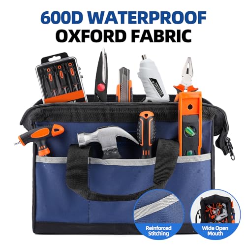 Tool Bag 13'', Wide Mouth Tool Organizer for Tool Storage, Heavy Duty and Water Proof, Blue & Black - size: 13 inch