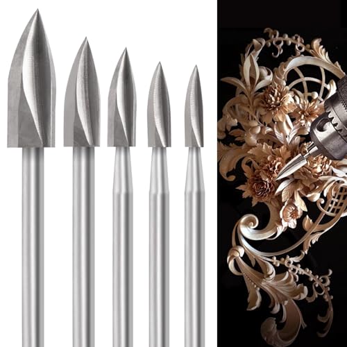 Wood Carving Tools for Rotary Tool, 5 PCS HSS Woodworking Tools Engraving Drill Bit Set Wood Crafts Grinding Tool Universal 1/8” Shank for DIY Carving Drilling Micro Sculpture