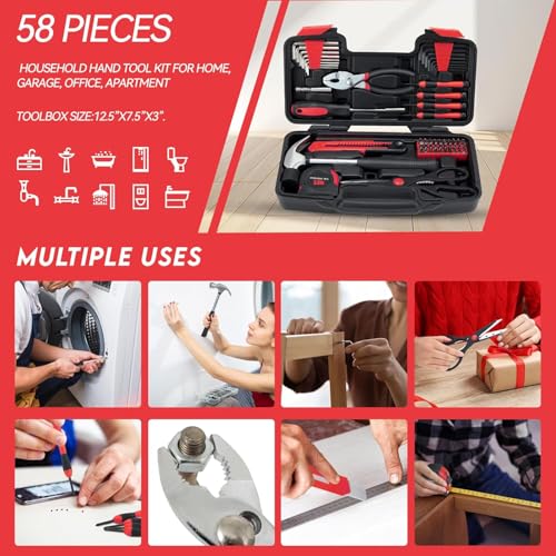 MARTCOLOR 58-Piece Household Tool Set, Red Hand Kit with Storage Case - color: Red