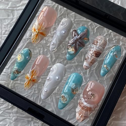 Medium Press On Nails - Handmade 3D False Nails Long Almond 10 Pcs ReusableABS Material Finger Painting Nail Tip French Salon Design- M size - color: Bow, size: M