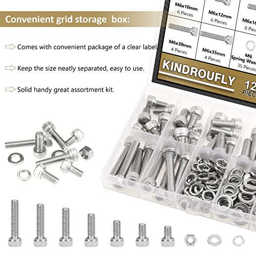 122 Pieces M6 x 10/12 /16/20 /25/30 /35mm Hex Socket Head Cap Screws Nuts Washers Assortment Kit, 304 Stainless Steel, Fully Machine Thread - size: M6, style: Socket Head