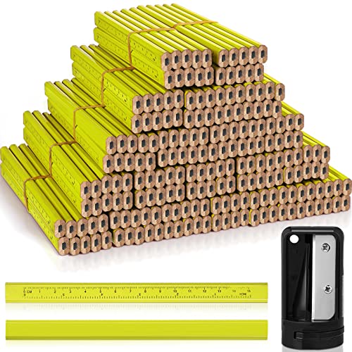 Honoson 200 Pcs Flat Construction Pencils with Printed Ruler Wood Graphite 2 Pcs Carpenter Pencil Sharpener for Woodworking Marking Tool(Yellow) - color: Yellow