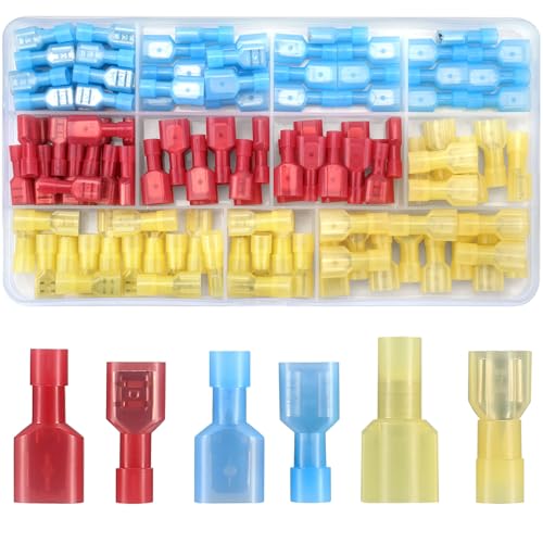 120 Pcs Spade Connectors Kit, Nylon 22-10 Gauge Male and Feamal Spade Terminals, Quick Disconnect Fully Insulated Nylon Wire Connectors Assortment Kit for Automotive, Electronics