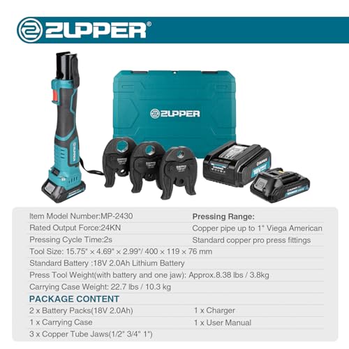 ZUPPER Compact Press Tool Kit for 1/2", 3/4", 1" Copper Pipes - style: MP-2430 (kit with 3 VUS Copper Press Jaws 1/2", 3/4", 1")