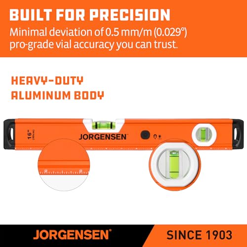 JORGENSEN 16" Magnetic LED Box Level, 90°/180° Torpedo Lighted Leveler Tool - size: 16 inch
