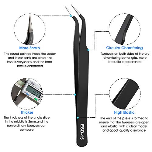 10 Piece Precision Tweezers Set, ESD Stainless Steel for Electronics Repair