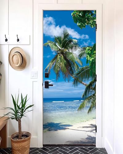 FLFK Door Mural Sticker - Beach Palms,Peel and Stick,Combined Size 32"x80",Split into 2 Pieces - color: Mt5466, size: 32"x80"