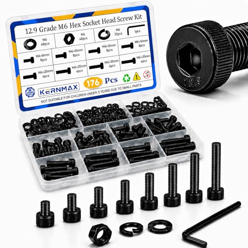 176PCS M6 Screws Assortment Kit, M6x8/10/12/16/20/25/30/35mm Hex Socket Head Cap Bolts Nuts & Washers Set, 12.9 Alloy Steel Black Oxide, M6 Screw Anti-Rust - size: M6 176pcs