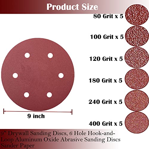 30 PCS 9 Inch 6 Hole Drywall Sanding Discs Set- 80 100 120 180 240 400 Grits, 9" Sandpaper Discs with Hook & Loop Backing, Fast Cutting Aluminum Oxide Abrasive for Drywall Power Sander, Wood Sander
