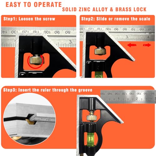 Combination Square, 6-Inch Precision Combo Square with Stainless Steel Ruler, Zinc Alloy Body & Bubble Level – Multi-Function Measuring Tool for Woodworking, Carpentry, and DIY Projects