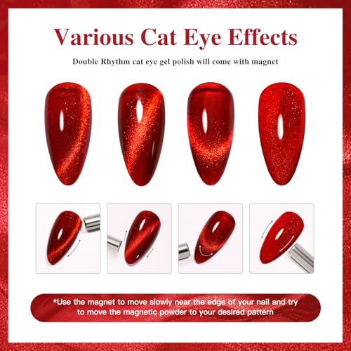 Double Rhythm Jelly Glass Cat Eye Gel Polish with Magnet 15ML Holographic Glitter Shimmer Translucent Sheer Color Magnetic Nail Polish Salon DIY at Home (Blood Red-MC1107) - color: Jelly Blood Red