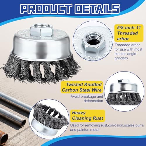 LEIFIDE 20 Pack 3 Inch Wire Cup Brush, 5/8"-11 Threaded Arbor Knotted Wire