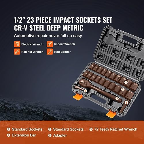 VEVOR 1/2" Drive Impact Socket Set, 23 Piece Socket Set SAE （7/16" -1"）& Metric （13-24mm）6 Point Cr-V Alloy Steel for Auto Repair with Ratchet Handle Rugged Construction Storage Case - size: 1/2" 23 PCS
