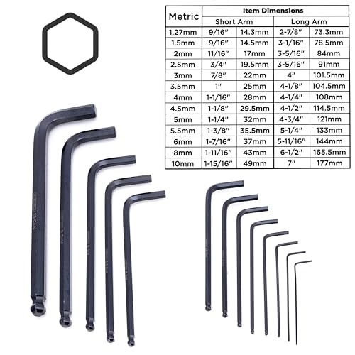 NEIKO 01100A Metric Allen Wrench Set, 13 Piece Ball End Hex Key Set, Long Allen Keys 1.27mm to 10mm Hex Wrench Set for Bike Bicycle Repair, Black Oxide Chrome Vanadium, Hanging Storage Case - size: Metric - 13pc