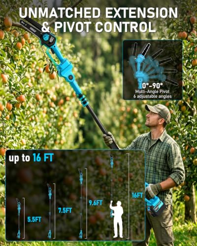 2-in-1 Electric Pole Saw 6inch Mini Chainsaw Cordless Brushless 2x4.0Ah Batteries Fast Charger Telescopic Power Pole Saw Tree Trimmer Limb Branch Cutter Pruner 16 Ft Max Reach Multi-Angle Blue - color: Blue-2 Batteries
