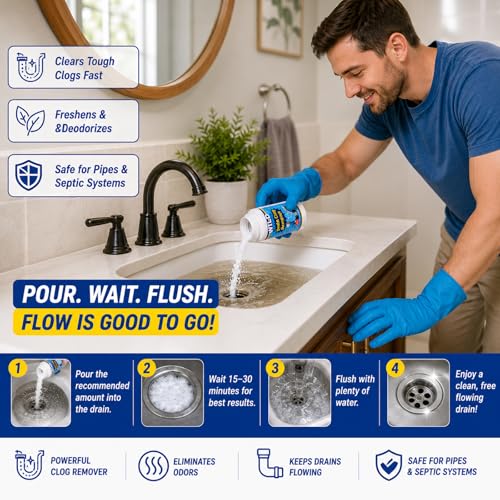 Drain Clog Remover Powder 4 Pack, Sink & Drain Cleaner Fast-Acting Foaming for Hair, Grease, Kitchen Sink & Toilet Clogs, Powerful Pipe Cleaning Solution for Showers & Drains, 480g