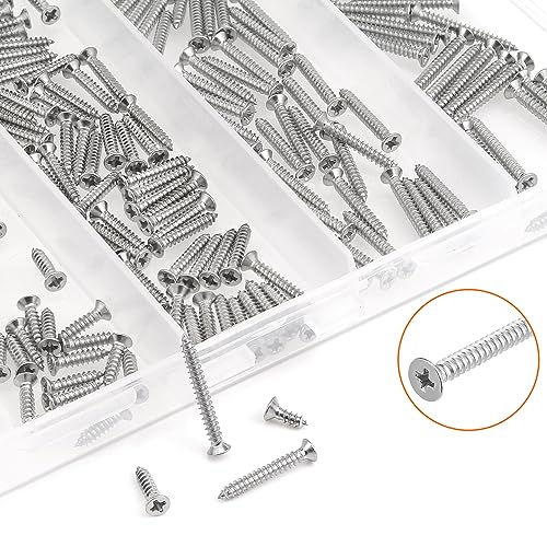 #2 x 1/4" 3/8" 1/2" 5/8" 3/4" Wood Screws Set, HELIFOUNER 240 Pieces Phillips Countersunk Head Self-Tapping Screws Assortment Kit, Phillips Flat Head Wood Screws, 304 Stainless Steel - size: #2
