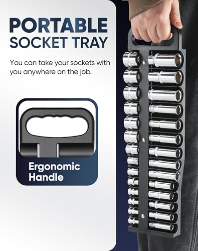 Reniteco 3-Piece Magnetic Socket Organizer Tray, for 1/2'', 3/8 '', 1/4'' Drive Metric/SAE Hold up to 76 Sockets, Heavy-Duty Socket Holder with Handle & Magnetic Base, Sockets Not Included - color: Black