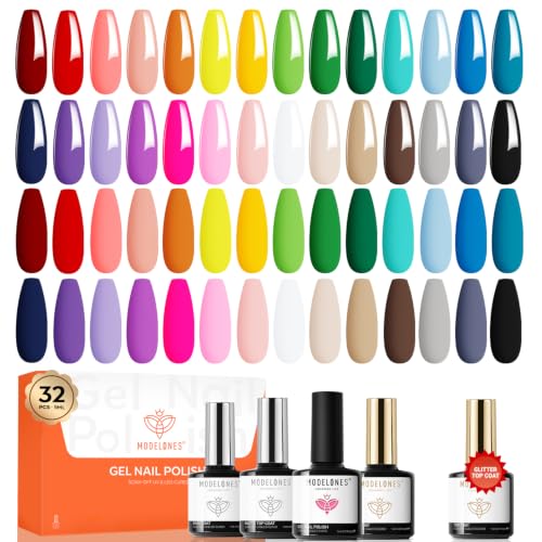 modelones Nude Gel Nail Polish Set Glitter 32PCS 28Colors Red Blue Green - color: A1-Rainbow