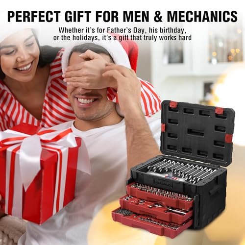 WORKPRO 450-Piece Drive Socket Set 1/2" 1/4" 3/8", CR-V Metric and Imperial with Quick-Release Ratchet Wrench, Spanners, Bits Set, Mechanics Tool for Car Repair