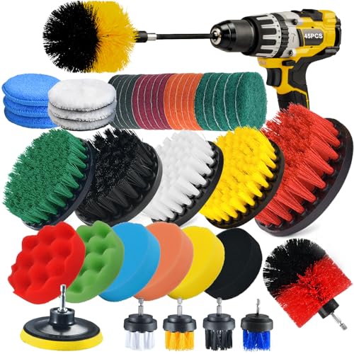 45 Piece Drill Brush Attachment Set, All Purpose Power Clean Scrubber Brush, Scrub Pads & Sponge with Extend Long Attachment for Bathroom, Kitchen,Grout,Tub,Tile,Corners, Auto