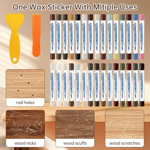 30+2P Wood Filler Sticks, 30 Colos Wood Filler Putty Wax Crayons Furniture Repair Kit Putty Stick for Baseboard Cabinets Furniture Floors(with 2 Scrapers)