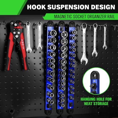1/4-inch Magnetic Socket Organizer Rail, Aluminum Alloy Socket Rail, Heavy Duty Sockets Holder with 14 Clips, 360° Swivel Clip Tool Tray, Sockets Organizer for Tool Box Drawer (Blue) - style: Blue 1/4-inch