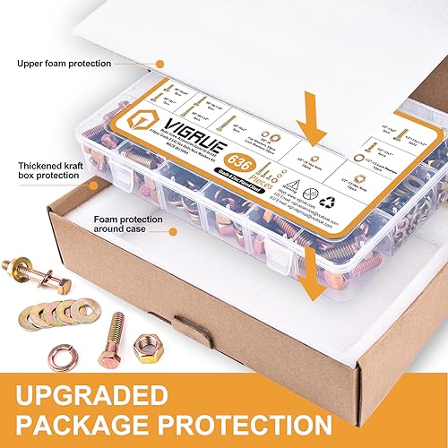VIGRUE 636PCS Grade 8 Bolt Assortment Kit, 1/4-20, 5/16-18, 3/8-16, 1/2-13 Heavy Duty SAE Bolts and Nuts Washers Kit - size: 636PCS SAE 1/4-20, 5/16-18, 3/8-16, 1/2-13
