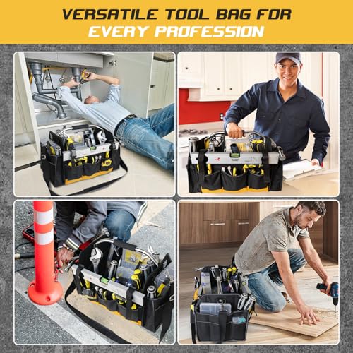 18 Inch Open Top Tool Bag, Tool Bags for Men with 30 Pockets, 1680D Waterproof Fabric, Foldable Electrician Tool Bag with Rotating Handle, Reflective Tool Organizer for Men, Yellow - color: Black-Yellow