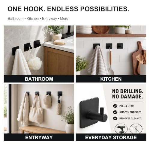 DELITON 4 Pack Adhesive Towel Hooks, Heavy Duty Stainless Steel No Drill - color: Black-102H