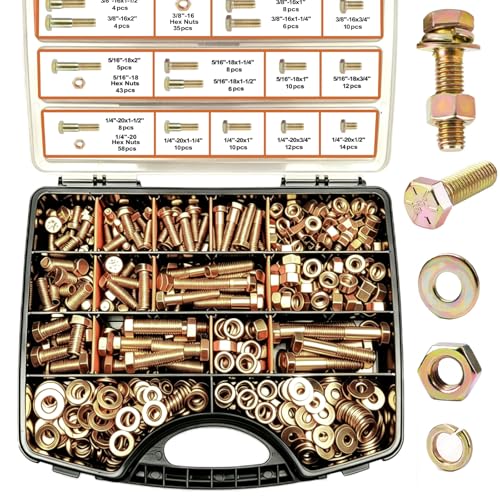 535PCS Grade 8 SAE Bolts and Nuts Kit - Heavy-Duty Alloy Steel Hex Bolt Set with Flat & Lock Washers, Yellow Zinc Plated (1/4-20, 5/16-18, 3/8-16) for DIY, Automotive & Industrial Use - size: 535PCS 1/4-20,5/16-18,3/8-16
