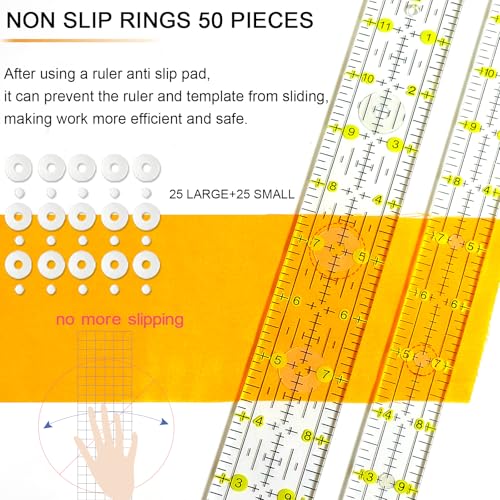 Quilting Ruler, Sewing Ruler, 8 Pack, Acrylic Quilting Templates(6"x17", 3"x17", 2"x16", 1.5"x12", 1"x12", 1"x6", 8"x3"), Non Slip Rings 25 Pieces, Sewing and Quilting Supplies - Clear/Yellow - color: yellow