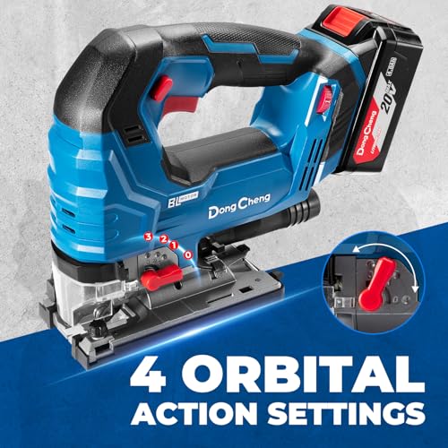 DongCheng 20V Brushless Cordless Jigsaw, 800-3500 SPM Variable Speed, 26mm Stroke, 4-Position Orbital Action, 0-45° Bevel Cut, Cuts Wood, Metal & Aluminum, 4.0Ah Battery, Charger, 6 Blades, Tool Bag - style: Jig Saw