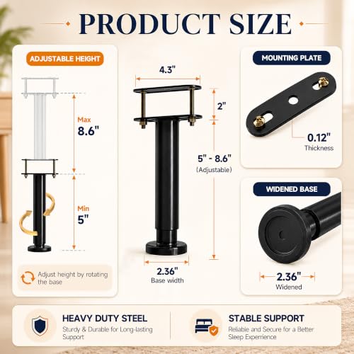 2Pcs Adjustable Height Bed Frame Support Leg, Extra Sturdy Steel Bed Frame Support Legs with Wider Rubber Base, More Stable/Quieter, Bed Slat Reinforcement Kit for King/Queen Bed (5"-8.6") - size: 5"-8.6" (2pcs)