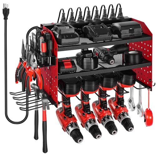 VEVOR Power Tool Organizer with Charging Station, 3-Layer Drill Storage Rack with 4 Drill Holders & Side Pegboard, Garage Tool Organizer Built in 8 Outlet Power Strips for Garage, Workbench, Workshop - size: 3-Layer 4 Drill