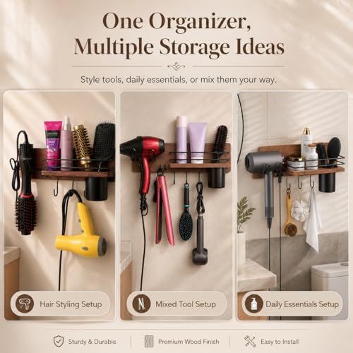 RoleDes Wooden Hair Dryer Holder Wall Mounted, Bathroom Hair Tool Organizer, Blow Dryer Holder Shelf, Curling Iron and Hair Styling Tools Organizer