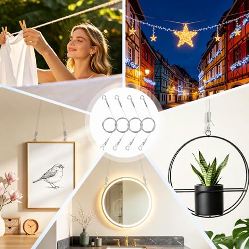 Picture Hanging Wire Kit, Adjustable Stainless Steel Frame Wire 2m X 1.5mm, Heavy Duty 90lbs, Picture Hangers with 16pcs Screws and 8pcs Hole D Rings, for Canvas Paintings/ Mirrors/ Frames