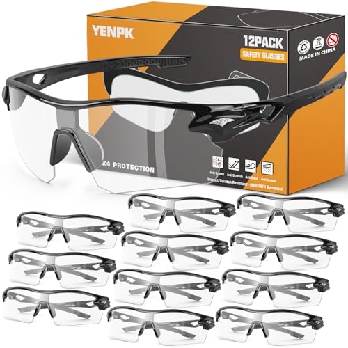 12 Pack Safety Glasses for Men, ANSI Z87.1 & UV Protective Eyewear | Scratch Resistant, High Impact Resistant, UV400 Protection, Fashionable Design, For Men Women Construction Woodworking - color: Clear