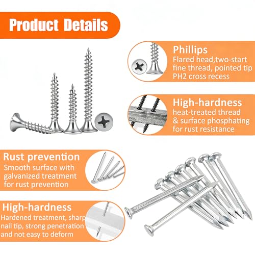 Dianrui Nails & Wood Screws Assortment Kit, 320 PCS #6#8 Philips Drywall Screws Set and High Hardness Hardware Small Nails for Picture Hanging/DIY Repair Project Length 1/2" to 2" - color: Silver, size: 320PCS