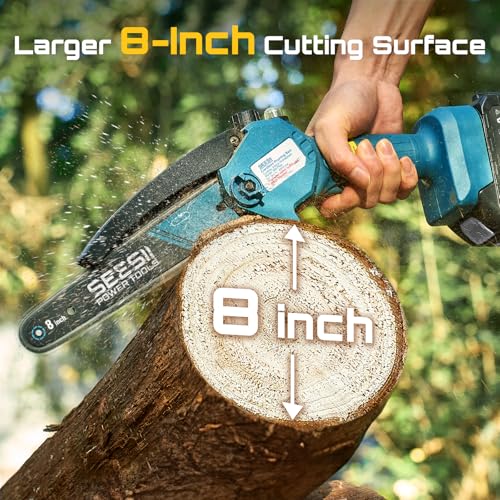 SEESII Mini Chainsaw Cordless 8 inch, Oiler System & Replacement Chain - color: Navy Blue