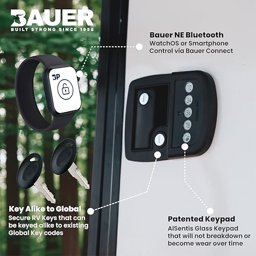 Bauer NE Bluetooth Keyless Entry Door Lock with Handle, Close Field Technology, Essential Camper Must Haves, Secure Trailer, Durable RV Door Latch, Convenient RV Lock Keyless Entry