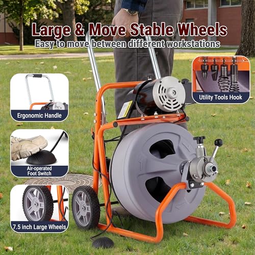 HoldwellS 75FT x 1/2 Inch Drain Cleaner Machine, Auto Feed Electric Drain Auger for 2"-4" Pipes, Enclosed Plastic Drum with 4 Cutters & Pneumatic Foot Switch, Sewer Snake Auger - color: 75FT x 1/2inch (Auto Feed)