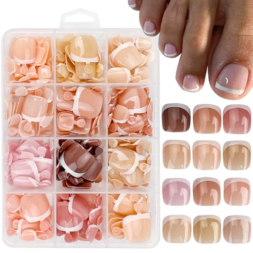 288pcs Press On Toenails Short Square Fake Toe Nails White French Tip False Toenails 12 Color Full Cover Acrylic Glossy Glue On Toe Nail for Women Manicure 12 packs - color: White French Tip Toenails