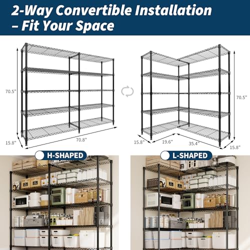 5-Tier Metal Storage Shelves, Heavy Duty Wire Rack Shelving Unit for Garage Kitchen Storage, 15.7"D x 71"W x 70.5"H Adjustable Shelf for Basement & Pantry Room Organization, Easy Assembly - size: 71"W x 70.5"H x 15.7"D, 5-Layer,